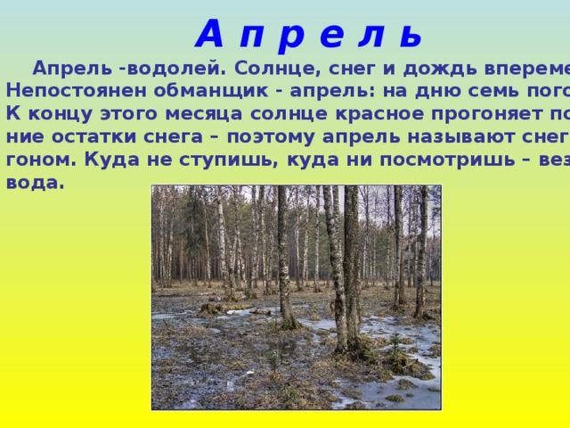 А п р е л ь  Апрель -водолей. Солнце, снег и дождь вперемешку. Непостоянен обманщик - апрель: на дню семь погод. К концу этого месяца солнце красное прогоняет послед- ние остатки снега – поэтому апрель называют снего- гоном. Куда не ступишь, куда ни посмотришь – везде вода. 