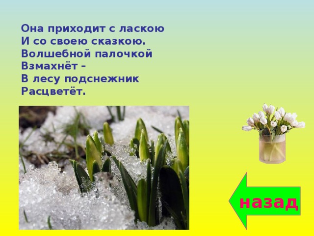 Она приходит с ласкою И со своею сказкою. Волшебной палочкой Взмахнёт – В лесу подснежник Расцветёт. назад 