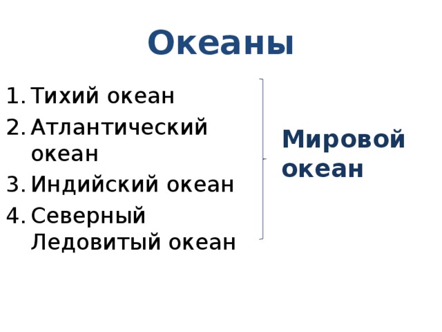 Океаны Тихий океан Атлантический океан Индийский океан Северный Ледовитый океан Мировой океан 