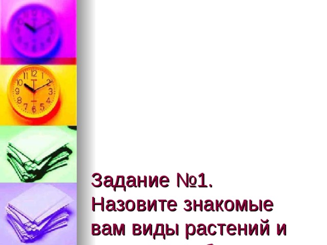          Задание №1.  Назовите знакомые вам виды растений и животных, обитающих рядом с вашим домом или школой 