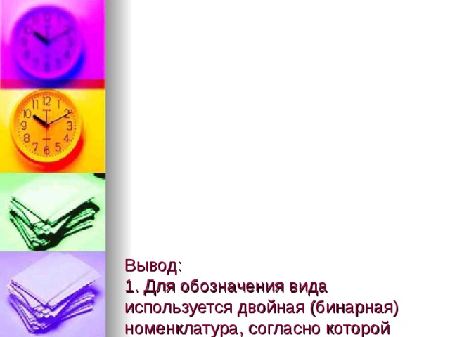                 Вывод:  1. Для обозначения вида используется двойная (бинарная) номенклатура, согласно которой сначала указывают род, к которому относится вид, а затем видовое название.  2. Особи разных видов отличаются друг от друга по местам обитания, внешним признакам и др.  3. Сходные виды объединяются в один род.  4. Вид – это основная категория биологической классификации. 