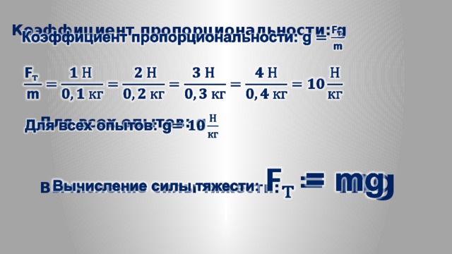 Коэффициент пропорциональности: g     Для всех опытов: g   Вычисление силы тяжести: = mg     