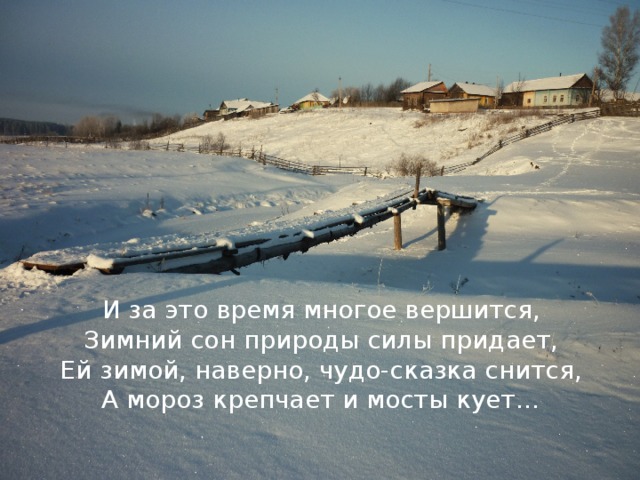 Зимушка бушует вьюгой не на шутку, Белым палантином кроет всё опять, А земля под снегом спит тепло, но чутко, Чтоб весною травы вновь свои поднять! Их зима не будит, оттепель не кличет, Есть всему на свете свой природный срок, Лишь сильней ветрами ледяными свищет, Свой берет у года временной оброк. И за это время многое вершится, Зимний сон природы силы придает, Ей зимой, наверно, чудо-сказка снится, А мороз крепчает и мосты кует… 