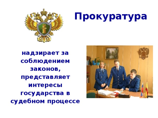 Прокуратура надзирает за соблюдением законов,  представляет интересы государства в судебном процессе 