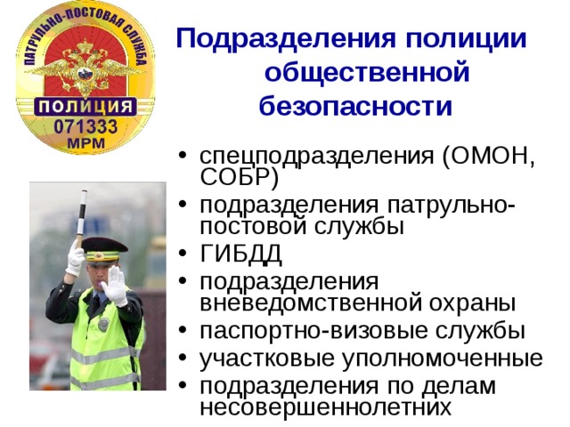 Подразделения полиции  общественной безопасности спецподразделения (ОМОН, СОБР) подразделения патрульно-постовой службы ГИБДД подразделения вневедомственной охраны паспортно-визовые службы участковые уполномоченные подразделения по делам несовершеннолетних 