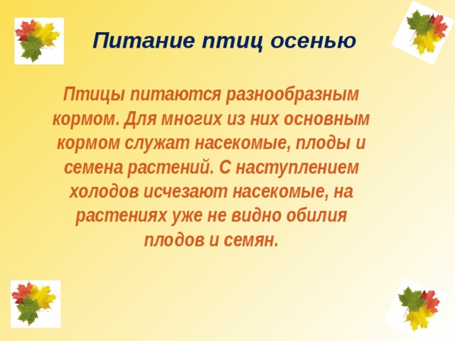   Питание птиц осенью   Птицы питаются разнообразным кормом. Для многих из них основным кормом служат насекомые, плоды и семена растений. С наступлением холодов исчезают насекомые, на растениях уже не видно обилия плодов и семян. 