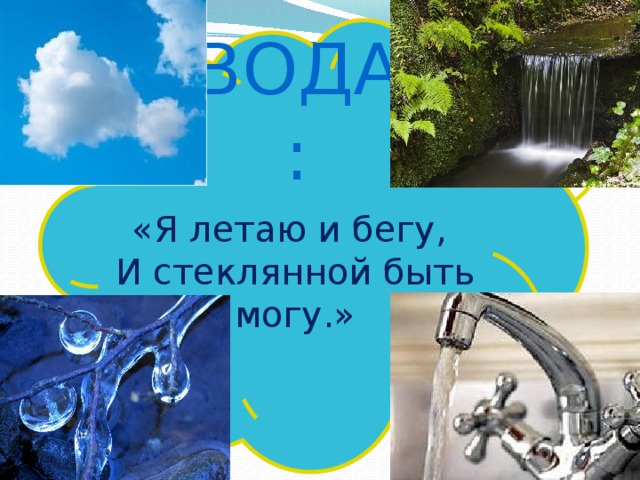 ВОДА: «Я летаю и бегу, И стеклянной быть могу.» 