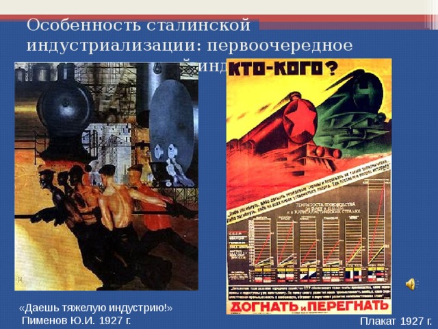 Особенность сталинской индустриализации: первоочередное развитие тяжелой индустрии «Даешь тяжелую индустрию!»  Пименов Ю.И. 1927 г. Плакат 1927 г. 