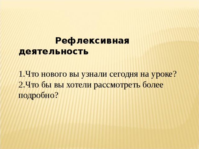  Рефлексивная деятельность 1.Что нового вы узнали сегодня на уроке? 2.Что бы вы хотели рассмотреть более подробно? 