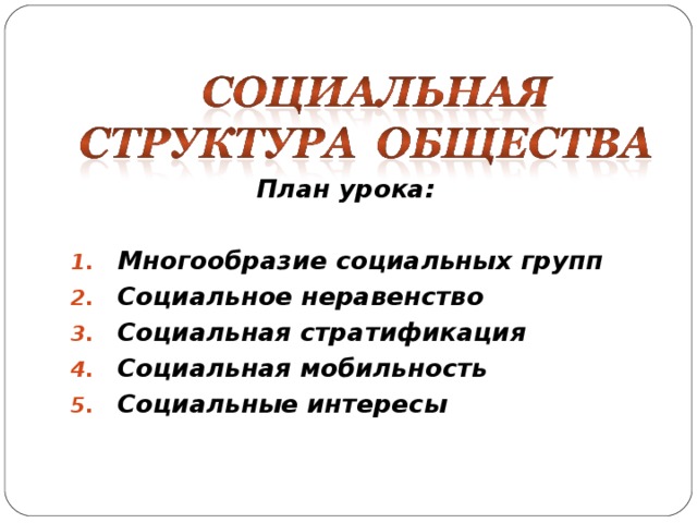  План урока:  Многообразие социальных групп Социальное неравенство Социальная стратификация Социальная мобильность Социальные интересы  