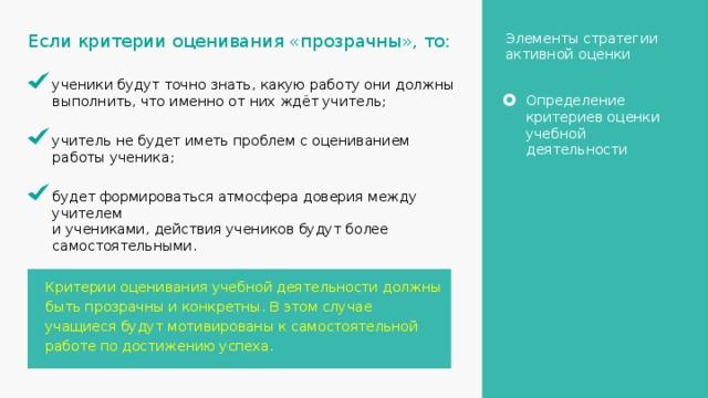 Элементы стратегии активной оценки Если критерии оценивания «прозрачны», то: ученики будут точно знать, какую работу они должны выполнить, что именно от них ждёт учитель; Определение критериев оценки учебной деятельности учитель не будет иметь проблем с оцениванием работы ученика; будет формироваться атмосфера доверия между учителем и учениками, действия учеников будут более самостоятельными. Критерии оценивания учебной деятельности должны быть прозрачны и конкретны. В этом случае учащиеся будут мотивированы к самостоятельной работе по достижению успеха. 14 