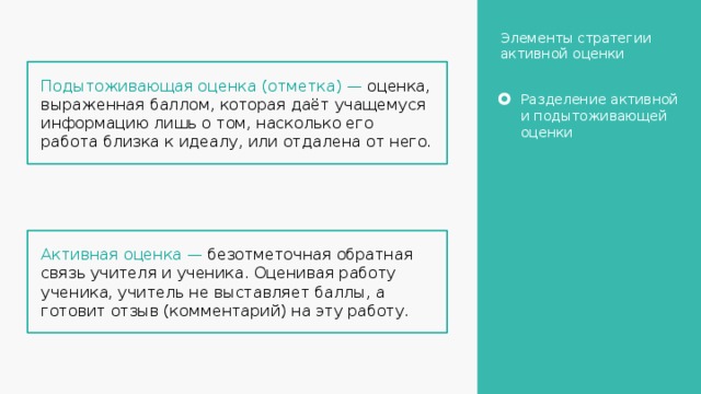 Элементы стратегии активной оценки Подытоживающая оценка (отметка) — оценка, выраженная баллом, которая даёт учащемуся информацию лишь о том, насколько его работа близка к идеалу, или отдалена от него. Разделение активной и подытоживающей оценки Активная оценка — безотметочная обратная связь учителя и ученика. Оценивая работу ученика, учитель не выставляет баллы, а готовит отзыв (комментарий) на эту работу. 15 