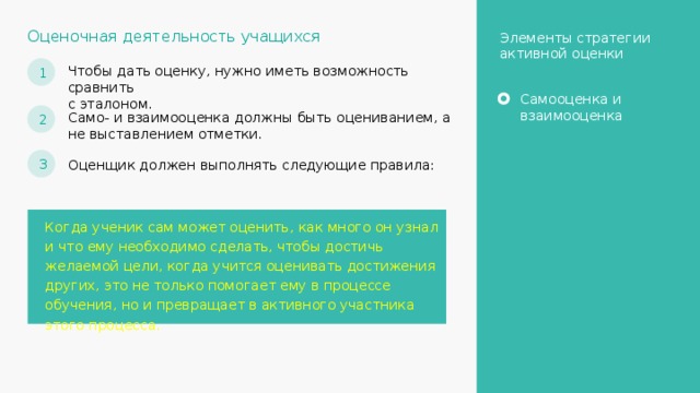 Оценочная деятельность учащихся Элементы стратегии активной оценки 1 Чтобы дать оценку, нужно иметь возможность сравнить с эталоном. Самооценка и взаимооценка 2 Само- и взаимооценка должны быть оцениванием, а не выставлением отметки. 3 Оценщик должен выполнять следующие правила: Когда ученик сам может оценить, как много он узнал и что ему необходимо сделать, чтобы достичь желаемой цели, когда учится оценивать достижения других, это не только помогает ему в процессе обучения, но и превращает в активного участника этого процесса. 22 