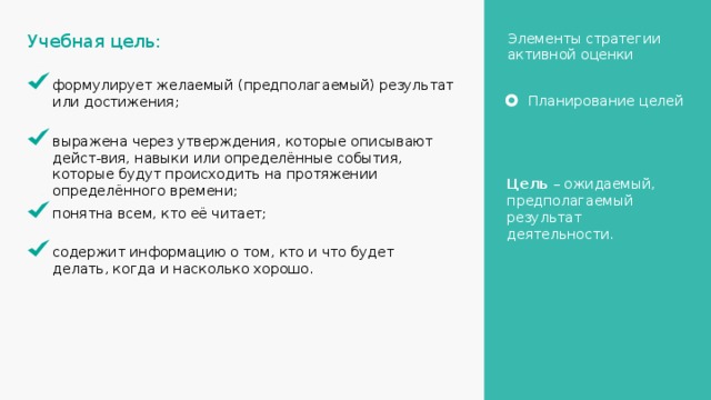 Элементы стратегии активной оценки Учебная цель: формулирует желаемый (предполагаемый) результат или достижения; Планирование целей выражена через утверждения, которые описывают дейст-вия, навыки или определённые события, которые будут происходить на протяжении определённого времени; Цель – ожидаемый, предполагаемый результат деятельности. понятна всем, кто её читает; содержит информацию о том, кто и что будет делать, когда и насколько хорошо. 10 