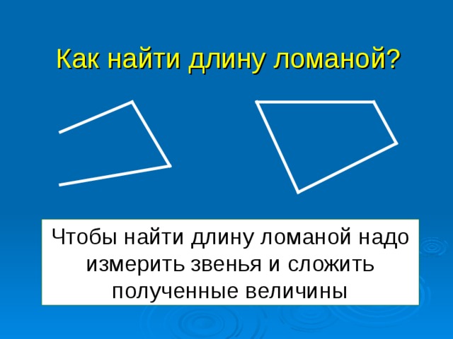 Как найти длину ломаной? Чтобы найти длину ломаной надо измерить звенья и сложить полученные величины 