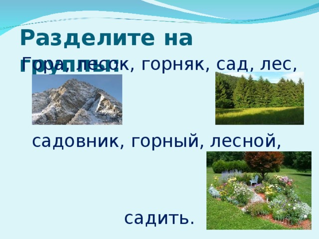 Разделите на группы: Гора, лесок, горняк, сад, лес, садовник, горный, лесной, садить. 