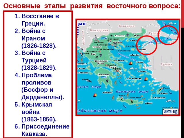Основные этапы развития восточного вопроса: Восстание в Греции. Война с Ираном (1826-1828). Война с Турцией (1828-1829). Проблема проливов (Босфор и Дарданеллы). Крымская война (1853-1856). Присоединение Кавказа. Восстание в Греции. Война с Ираном (1826-1828). Война с Турцией (1828-1829). Проблема проливов (Босфор и Дарданеллы). Крымская война (1853-1856). Присоединение Кавказа.  