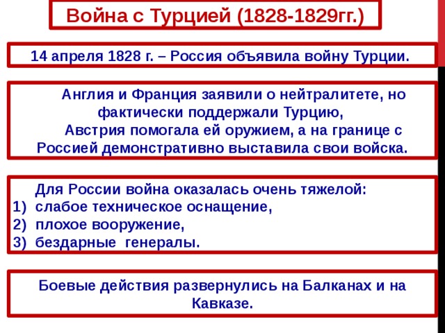Война с Турцией (1828-1829гг.) 14 апреля 1828 г. – Россия объявила войну Турции. Англия и Франция заявили о нейтралитете, но фактически поддержали Турцию, Австрия помогала ей оружием, а на границе с Россией демонстративно выставила свои войска. Для России война оказалась очень тяжелой: слабое техническое оснащение, плохое вооружение, бездарные генералы. Боевые действия развернулись на Балканах и на Кавказе.  