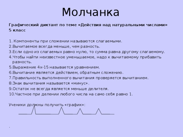 Молчанка Графический диктант по теме «Действия над натуральными числами» 5 класс   1. Компоненты при сложении называются слагаемыми. 2.Вычитаемое всегда меньше, чем разность. 3.Если одно из слагаемых равно нулю, то сумма равна другому слагаемому. 4.Чтобы найти неизвестное уменьшаемое, надо к вычитаемому прибавить разность. 5.Выражение 4х-15 называется уравнением. 6.Вычитание является действием, обратным сложению. 7.Правильность выполненного вычитания проверяется вычитанием. 8.Знак вычитания называется «минус». 9.Остаток не всегда является меньше делителя. 10.Частное при делении любого числа на само себя равно 1. Ученики должны получить «график»: . 