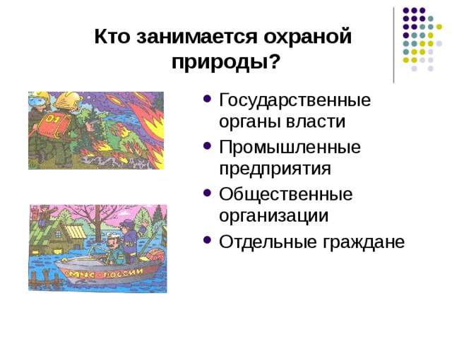 Кто занимается охраной  природы? Государственные органы власти Промышленные предприятия Общественные организации Отдельные граждане 
