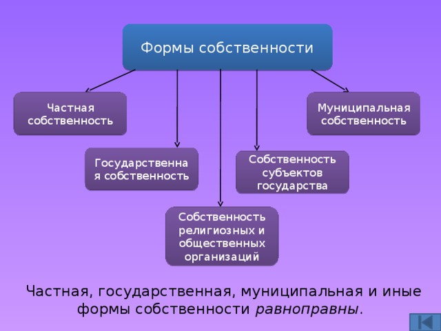 Формы собственности Частная собственность Муниципальная собственность Государственная собственность Собственность субъектов государства Собственность религиозных и общественных организаций  Частная, государственная, муниципальная и иные формы собственности равноправны . 