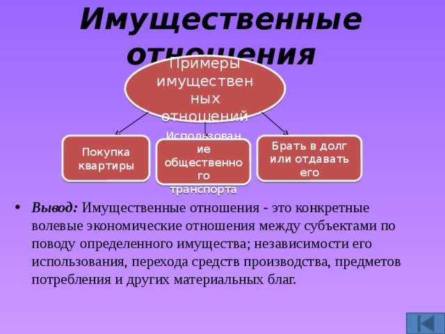  Имущественные отношения   Примеры имущественных отношений Покупка Брать в долг или отдавать его квартиры Использование общественного транспорта Вывод: Имущественные отношения - это конкретные волевые экономические отношения между субъектами по поводу определенного имущества; независимости его использования, перехода средств производства, предметов потребления и других материальных благ. 