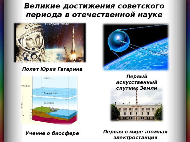 Великие достижения советского периода в отечественной науке Полет Юрия Гагарина Первый искусственный спутник Земли Первая в мире атомная электростанция Учение о биосфере 