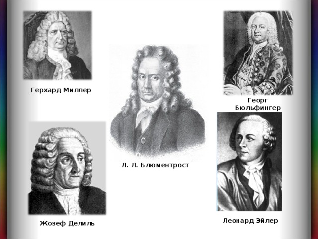 Герхард Миллер Георг Бюльфингер Л. Л. Блюментрост Леонард Эйлер Жозеф Делиль 