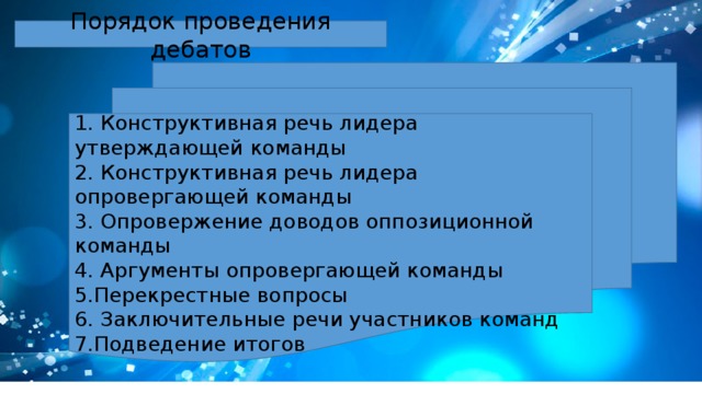 Порядок проведения дебатов 1. Конструктивная речь лидера утверждающей команды 2. Конструктивная речь лидера опровергающей команды 3. Опровержение доводов оппозиционной команды 4. Аргументы опровергающей команды 5.Перекрестные вопросы 6. Заключительные речи участников команд 7.Подведение итогов 