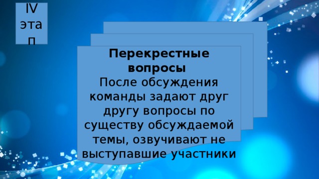 IV этап Перекрестные вопросы После обсуждения команды задают друг другу вопросы по существу обсуждаемой темы, озвучивают не выступавшие участники 