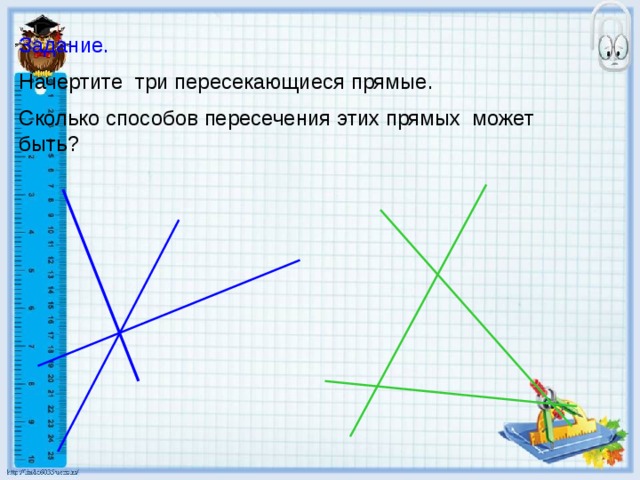 Задание. Начертите три пересекающиеся прямые. Сколько способов пересечения этих прямых может быть? 