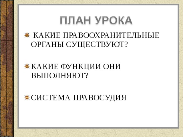  КАКИЕ ПРАВООХРАНИТЕЛЬНЫЕ ОРГАНЫ СУЩЕСТВУЮТ?  КАКИЕ ФУНКЦИИ ОНИ ВЫПОЛНЯЮТ?  СИСТЕМА ПРАВОСУДИЯ 