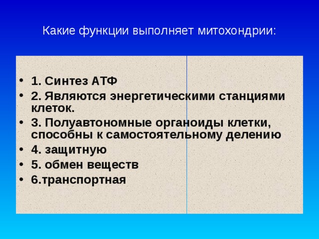 Какие функции выполняет митохондрии:  1. Синтез АТФ 2. Являются энергетическими станциями клеток. 3. Полуавтономные органоиды клетки, способны к самостоятельному делению 4. защитную 5. обмен веществ 6.транспортная    