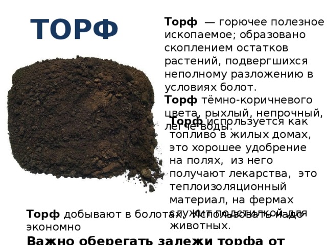 торф Торф — горючее полезное ископаемое; образовано скоплением остатков растений, подвергшихся неполному разложению в условиях болот. Торф тёмно-коричневого цвета, рыхлый, непрочный, легче воды. Торф используется как топливо в жилых домах, это хорошее удобрение на полях, из него получают лекарства, это теплоизоляционный материал, на фермах служит подстилкой для животных. Торф добывают в болотах. Использовать надо экономно Важно оберегать залежи торфа от пожаров. 