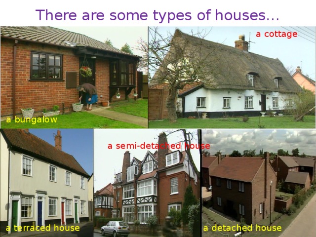 There are some types of houses… a cottage  a bungalow  a semi-detached house  a terraced house a detached house  