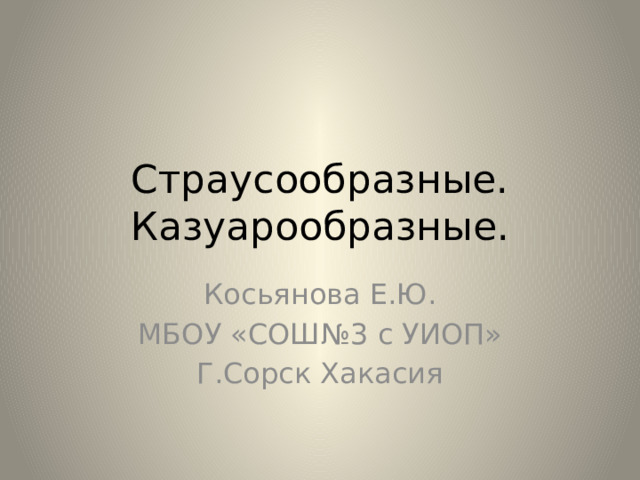 Страусообразные. Казуарообразные. Косьянова Е.Ю. МБОУ «СОШ№3 с УИОП» Г.Сорск Хакасия 