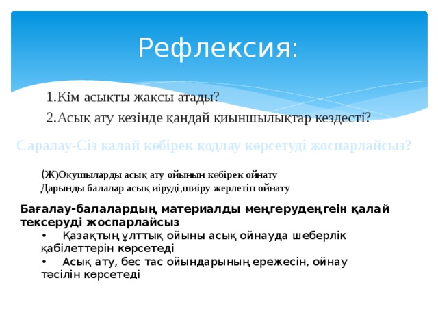 Рефлексия: 1.Кім асықты жақсы атады? 2.Асық ату кезінде қандай қиыншылықтар кездесті? Саралау-Сіз қалай көбірек қодлау көрсетуді жоспарлайсыз? ( Ж)Оқушыларды асық ату ойынын көбірек ойнату Дарынды балалар асық иіруді,шиіру жерлетіп ойнату Бағалау-балалардың материалды меңгерудеңгеін қалай тексеруді жоспарлайсыз •  Қазақтың ұлттық ойыны асық ойнауда шеберлік қабілеттерін көрсетеді •  Асық ату, бес тас ойындарының ережесін, ойнау тәсілін көрсетеді 