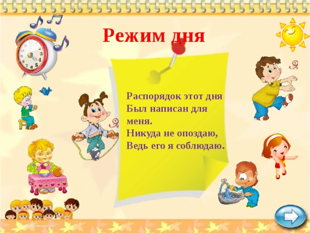 Режим дня  Распорядок этот дня Был написан для меня. Никуда не опоздаю, Ведь его я соблюдаю. 