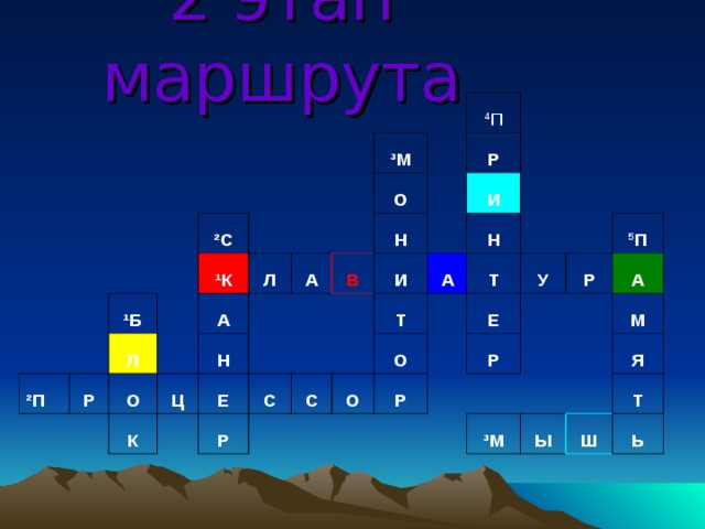 2 этап маршрута ² П ² С ¹ Б ¹ К Р Л А Л О ³ М О А Ц К   Н 4 П Н В Е Р Р И С И С Т А Н О О Т Р Е У Р Р 5 П А М ³ М Я   Ы Т Ш Ь 