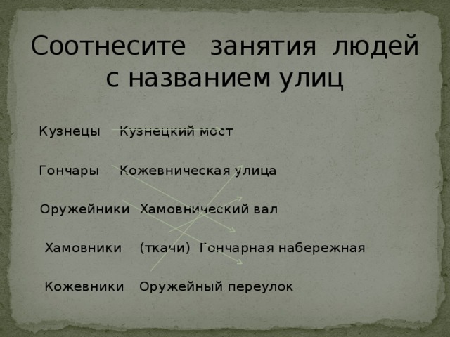 Соотнесите занятия людей с названием улиц  Кузнецы     Кузнецкий мост  Гончары     Кожевническая улица  Оружейники     Хамовнический вал  Хамовники  (ткачи)    Гончарная набережная  Кожевники     Оружейный переулок     