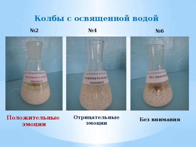 Колбы с освященной водой № 2 № 4 № 6 Положительные Отрицательные эмоции эмоции Без внимания 