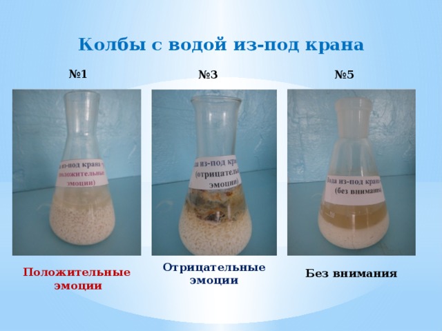 Колбы с водой из-под крана № 1 № 3 № 5 Отрицательные эмоции Положительные эмоции Без внимания 