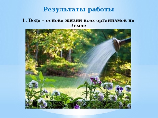 Результаты работы 1. Вода – основа жизни всех организмов на Земле 