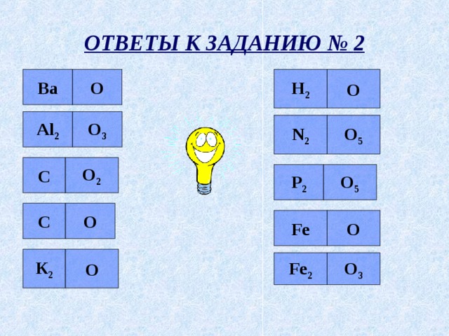 ОТВЕТЫ К ЗАДАНИЮ № 2 О Ва О Н 2 О 3 Al 2 N 2 О 5 О 2 С Р 2 О 5 С О О Fe О К 2 Fe 2 О 3 