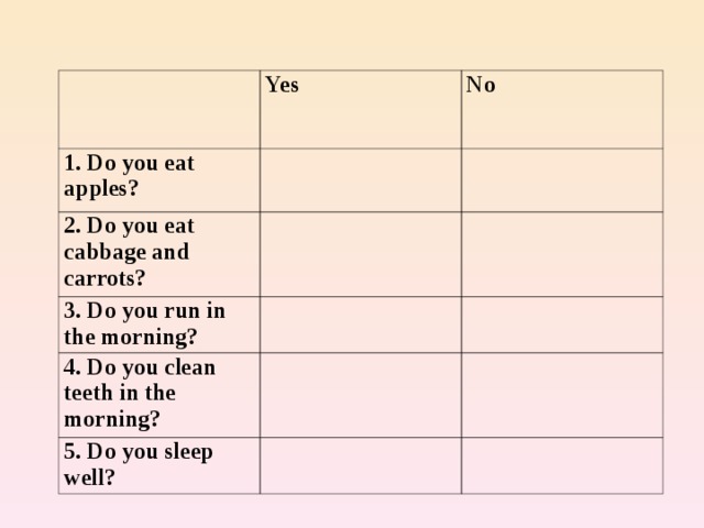 Yes 1. Do you eat apples? No 2. Do you eat cabbage and carrots? 3. Do you run in the morning? 4. Do you clean teeth in the morning? 5. Do you sleep well? 
