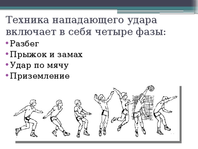 Техника нападающего удара включает в себя четыре фазы: Разбег Прыжок и замах Удар по мячу Приземление 