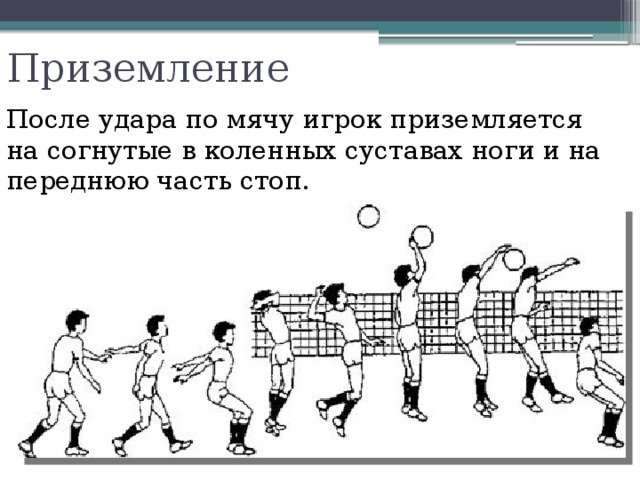 Приземление После удара по мячу игрок приземляется на согнутые в коленных суставах ноги и на переднюю часть стоп. 