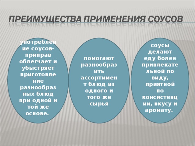 помогают разнообразить ассортимент блюд из одного и того же сырья соусы делают еду более привлекательной по виду, приятной по консистенции, вкусу и аромату.    употребление соусов-приправ облегчает и убыстряет приготовление разнообразных блюд при одной и той же основе.    