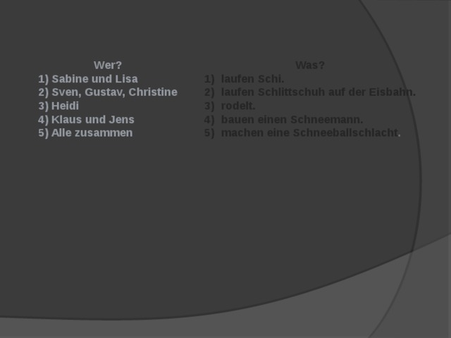 Wer? Was? 1) Sabine und Lisa laufen Schi. laufen Schlittschuh auf der Eisbahn. rodelt. bauen einen Schneemann. machen eine Schneeballschlacht . 2) Sven, Gustav, Christine 3) Heidi 4) Klaus und Jens 5) Alle zusammen  