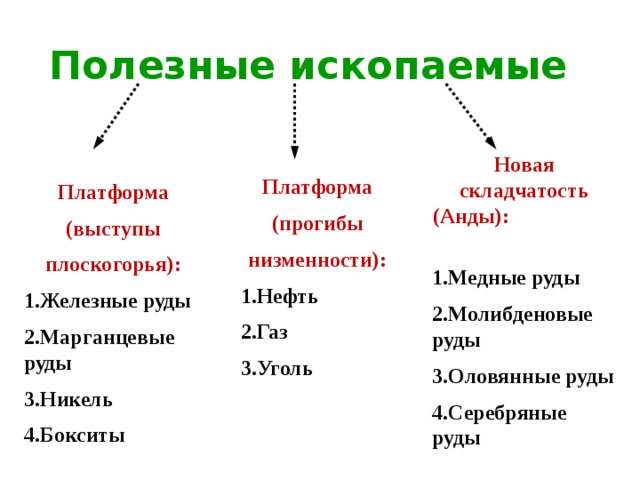 Полезные ископаемые Новая складчатость (Анды):  1.Медные руды 2.Молибденовые руды 3.Оловянные руды 4.Серебряные руды  Платформа (прогибы низменности): 1.Нефть 2.Газ 3.Уголь Платформа (выступы плоскогорья): 1.Железные руды 2.Марганцевые руды 3.Никель 4.Бокситы 